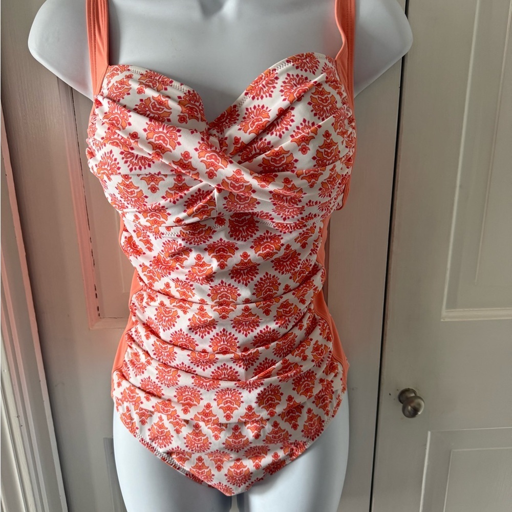 Cabana Life Coral & White Ruched One-Piece Swimsuit